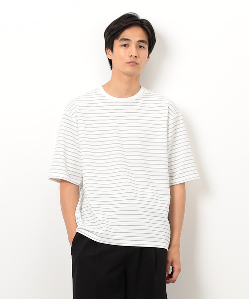 COMME CA ISM(コムサイズム)の「リップルジャージー 細ボーダー Tシャツ(Tシャツ/カットソー・メンズ・ホワイト/ブラック・MEDIUM/LARGE/X-LARGE)」の1枚目の写真