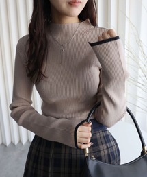 袖配色スリットリブハイネックニット