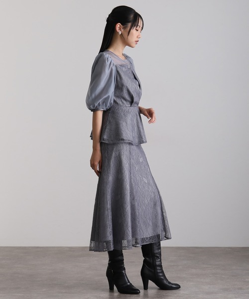 atlo(アトロ)の「結婚式 二次会 パーティー ドレス ペプラム ビスチェ2点セット オーガンジー フレア ミモレ丈&袖あり 大きいサイズ フォーマル オケージョンドレス 同窓会 成人式 お呼ばれ 謝恩会 20代 30代(ドレス・レディース・グレー/ネイビー/ブラック・L/M/XXL/XL)」の16枚目の写真