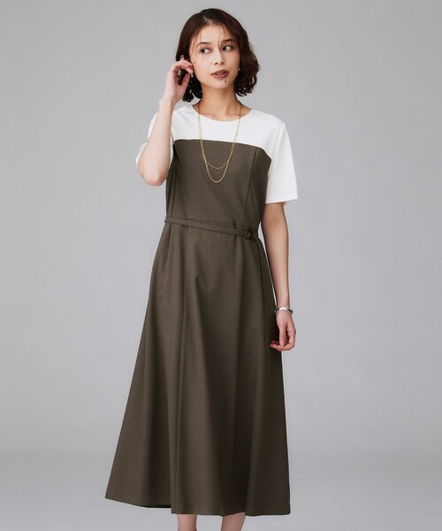 UNTITLED（アンタイトル）の「【きれいめカジュアル/セミフレア】異素材ドッキングワンピース（ワンピース・レディース・ダークブラウン系4/ブラック・50/48/46/44/42/04/03/02/01/00）」の21枚目の写真