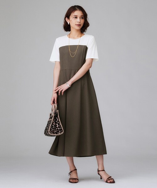 UNTITLED（アンタイトル）の「【きれいめカジュアル/セミフレア】異素材ドッキングワンピース（ワンピース・レディース・ダークブラウン系4/ブラック・50/48/46/44/42/04/03/02/01/00）」の12枚目の写真