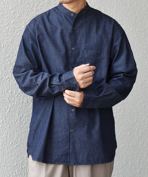 SHIPS any:〈洗濯機可能〉4.5oz ライト デニム バンドカラー シャツ