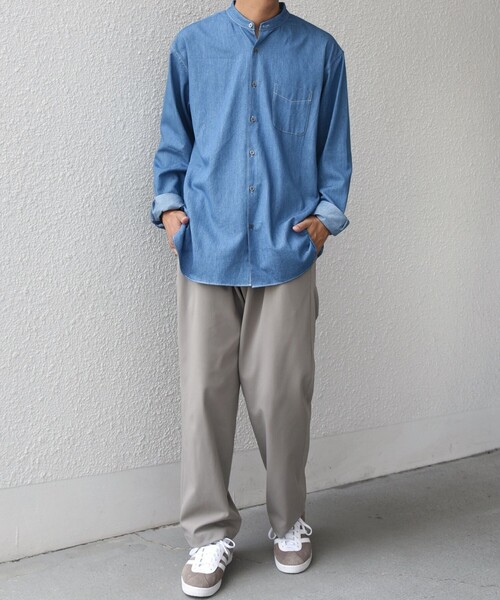 D.M.G ⿻ コットン バンドカラーソフトデニムシャツ カジュアル ルーズ セール】SHIPS any:〈洗濯機可能〉4.5oz ライト デニム バンドカラー