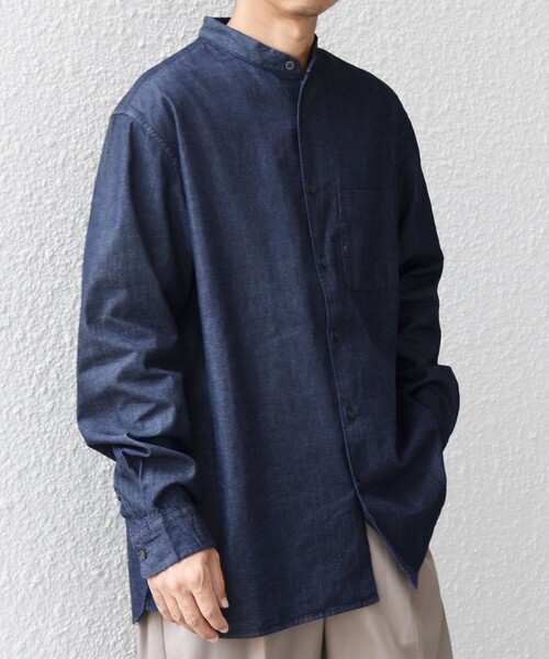 セール】SHIPS any:〈洗濯機可能〉4.5oz ライト デニム バンドカラー