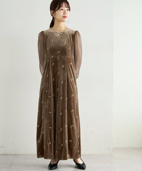 Discoat ベロア刺繍ワンピース オケージョン オリーブ オケージョン】ベロア刺繍ワンピース（ドレス）｜DISCOAT（ディス
