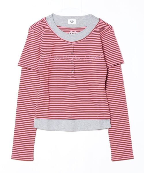 HTH（エイチティーエイチ）の「Layered border long tee（Tシャツ/カットソー・レディース・ピンク系/ホワイト×グレー・フリー）」の2枚目の写真
