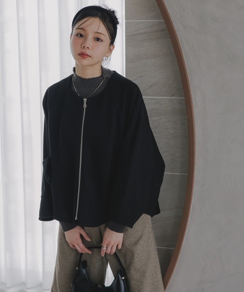 Petitjo(プッチージョ)の「小さいサイズ ドルマンジャケット 低身長さん・小柄女性(ノーカラージャケット・レディース・ブラック/モカ・M-L/XS-S)」の1枚目の写真