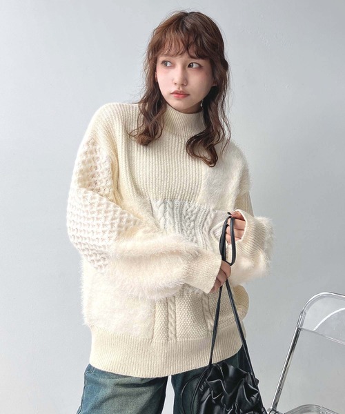 AS KNOW AS plus（アズノゥアズプラス）の「♪シャギーとアランでニットプルオーバー（ニット/セーター・レディース・ネイビー/ミント/キナリ・FREE）」の2枚目の写真