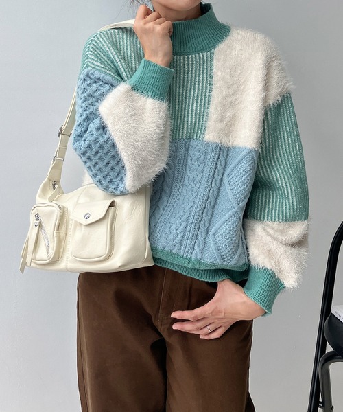 AS KNOW AS plus（アズノゥアズプラス）の「♪シャギーとアランでニットプルオーバー（ニット/セーター・レディース・ネイビー/ミント/キナリ・FREE）」の3枚目の写真