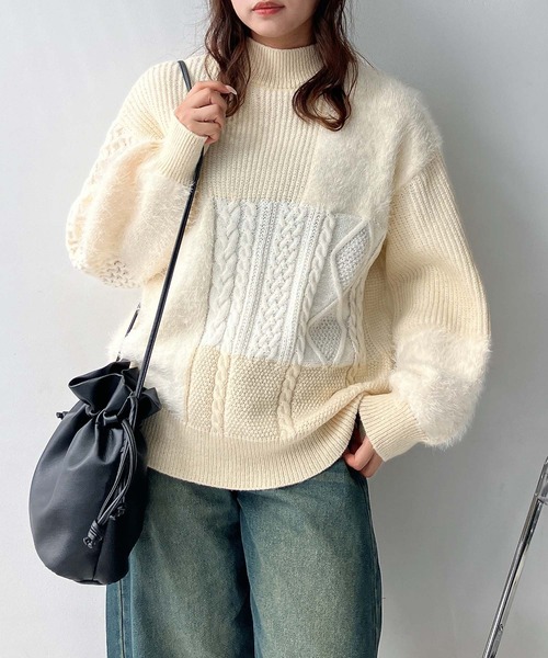 AS KNOW AS plus（アズノゥアズプラス）の「♪シャギーとアランでニットプルオーバー（ニット/セーター・レディース・ネイビー/ミント/キナリ・FREE）」の7枚目の写真