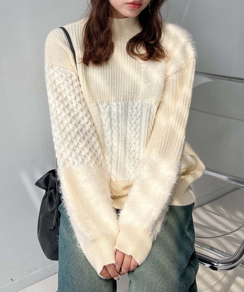 AS KNOW AS plus（アズノゥアズプラス）の「♪シャギーとアランでニットプルオーバー（ニット/セーター・レディース・ネイビー/ミント/キナリ・FREE）」の8枚目の写真