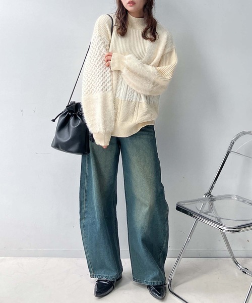 AS KNOW AS plus（アズノゥアズプラス）の「♪シャギーとアランでニットプルオーバー（ニット/セーター・レディース・ネイビー/ミント/キナリ・FREE）」の11枚目の写真