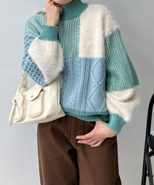 AS KNOW AS plus（アズノゥアズプラス）の「♪シャギーとアランでニットプルオーバー（ニット/セーター・レディース・ネイビー/ミント/キナリ・FREE）」の14枚目の写真