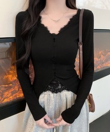 カットソー レース切り替え 長袖Tシャツ