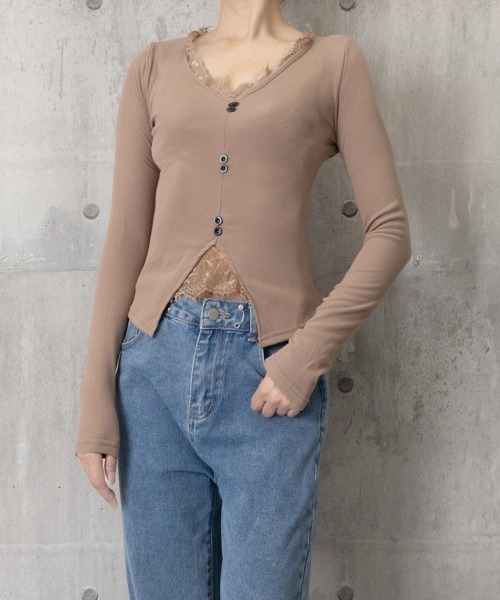Miniministore(ミニミニストア)の「カットソー レース切り替え 長袖Tシャツ(Tシャツ/カットソー・レディース・ブラック/モカ・FREE)」の4枚目の写真