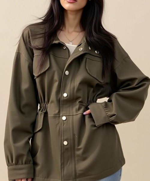 cammie(キャミー)の「ウエストデザインカーゴジャケット(ミリタリージャケット・レディース・カーキ/ブラック・M/L)」の2枚目の写真