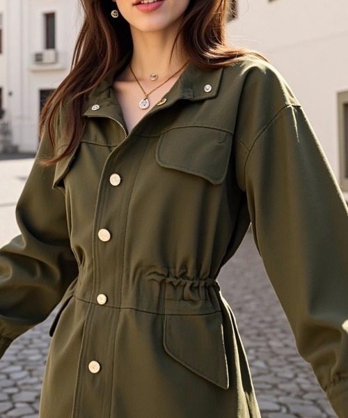cammie(キャミー)の「ウエストデザインカーゴジャケット(ミリタリージャケット・レディース・カーキ/ブラック・M/L)」の7枚目の写真