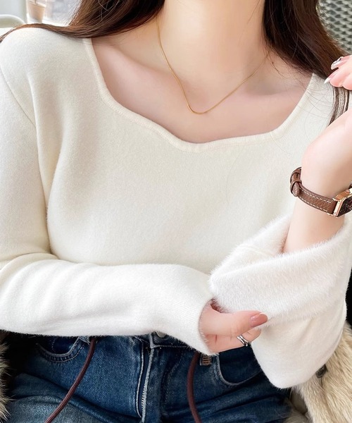 DAY CLOSET(デイ クローゼット)の「【裏起毛】ふわっと感触。長袖裏シャギーリブニットトップス レディース(ニット/セーター・レディース・ベージュ/ホワイト/アイボリー/ブラック・FREE)」の1枚目の写真