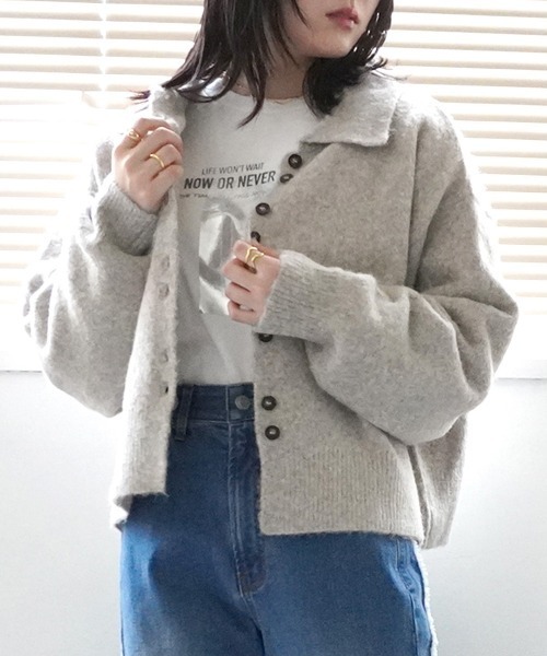 セール】襟付きミックスニットカーディガン（カーディガン/ボレロ