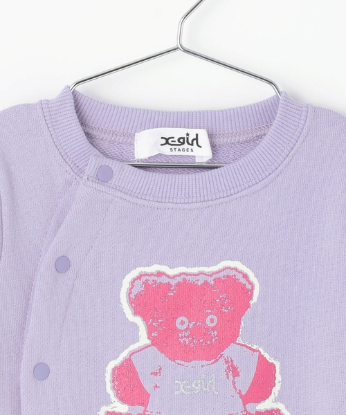 X-girl Stages（エックスガールステージス）の「ベアプリントスウェット2WAYオール（ロンパース・キッズ・ラベンダー/アイボリー・50-70cm）」の5枚目の写真