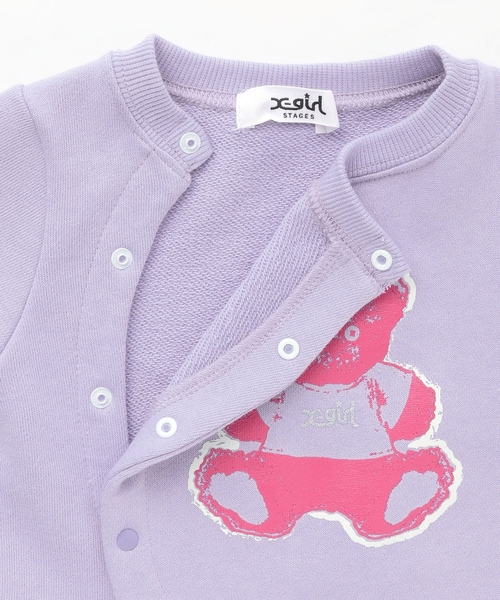 X-girl Stages（エックスガールステージス）の「ベアプリントスウェット2WAYオール（ロンパース・キッズ・ラベンダー/アイボリー・50-70cm）」の6枚目の写真