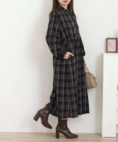 A.N.L(エーエヌエル レーベル)の「A.N.L タータンチェック柄前開きワンピース(シャツワンピース・レディース・ブラック/ネイビー・38)」の7枚目の写真