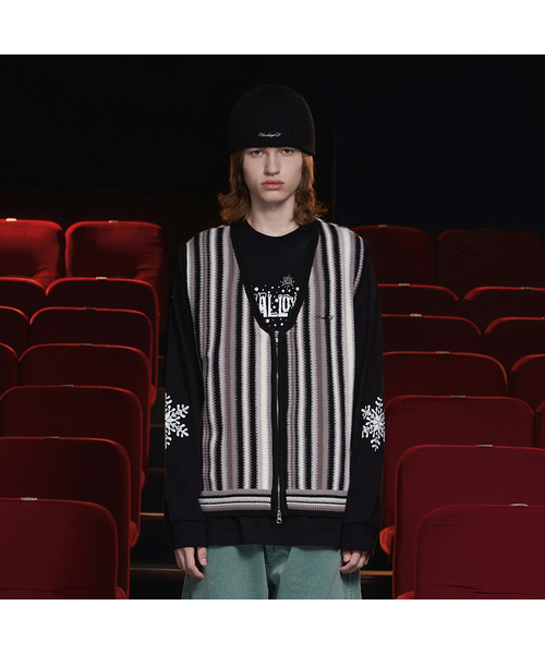 UNALLOYED(アナロイド)の「ストライプジップアップニットベスト / ブラック(ベスト・メンズ・その他・MEDIUM/LARGE)」の1枚目の写真