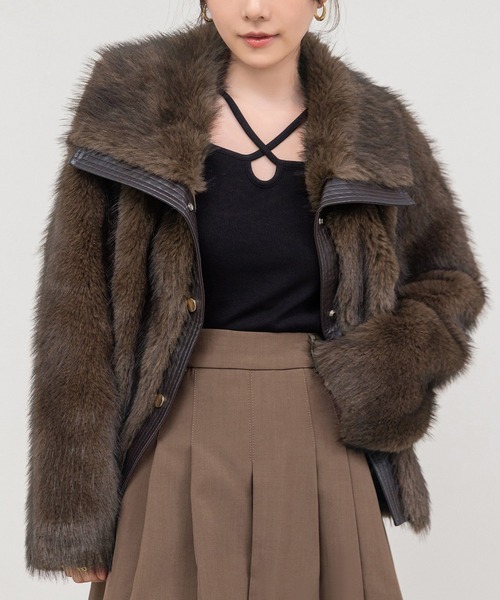 DAY CLOSET（デイ クローゼット）の「【ショート丈/厚手】ふわっとリッチに冬映え 。長袖 ビッグカラー ボリュームフェイクファー 合皮ブルゾン レディース（ブルゾン・レディース・ダークブラウン/ブラウン・L/M）」の12枚目の写真