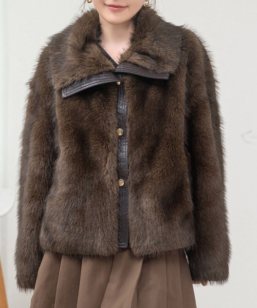 DAY CLOSET（デイ クローゼット）の「【ショート丈/厚手】ふわっとリッチに冬映え 。長袖 ビッグカラー ボリュームフェイクファー 合皮ブルゾン レディース（ブルゾン・レディース・ダークブラウン/ブラウン・L/M）」の13枚目の写真