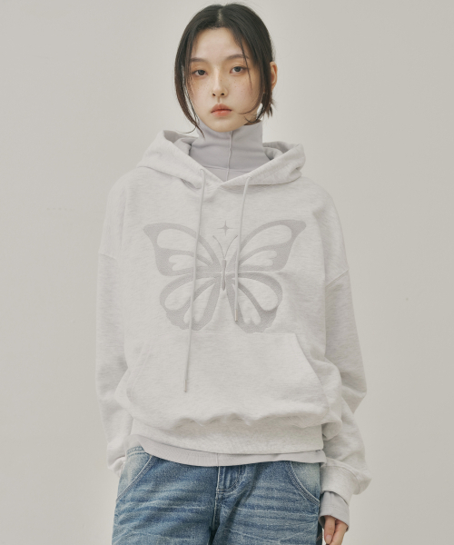 NICK&NICOLE(ニックアンドニコール)の「BUTTERFLY EMBROIDERY HOODIE_MELANGE SILVER(パーカー・レディース・その他・FREE)」の2枚目の写真