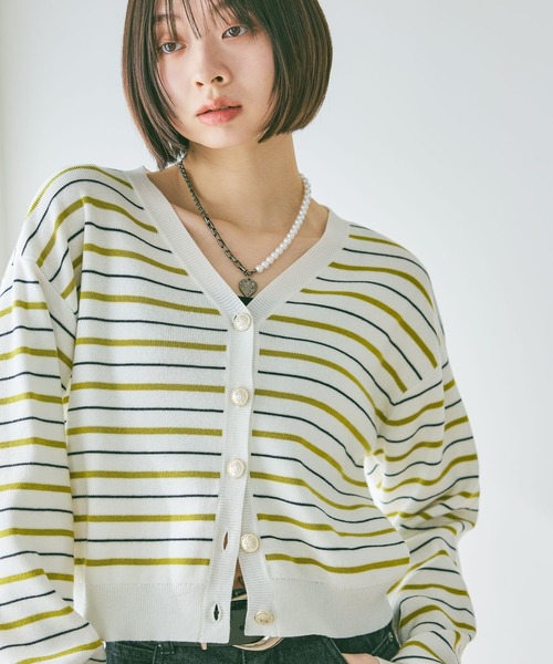 PAGEBOY（ページボーイ）の「マルチボーダーニットカーディガン（Tシャツ/カットソー・レディース・ブラック/オフホワイト/イエロー・FREE）」の3枚目の写真