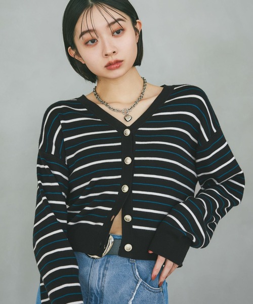 PAGEBOY（ページボーイ）の「マルチボーダーニットカーディガン（Tシャツ/カットソー・レディース・ブラック/オフホワイト/イエロー・FREE）」の2枚目の写真