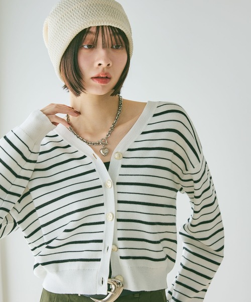 PAGEBOY（ページボーイ）の「マルチボーダーニットカーディガン（Tシャツ/カットソー・レディース・ブラック/オフホワイト/イエロー・FREE）」の4枚目の写真