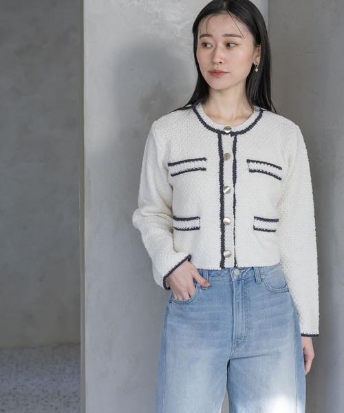 A part by(アパートバイ)の「キンボタンハイショククルーカーディガン(カーディガン/ボレロ・レディース・ブルー系その他3/ネイビー/オフホワイト・FREE)」の1枚目の写真