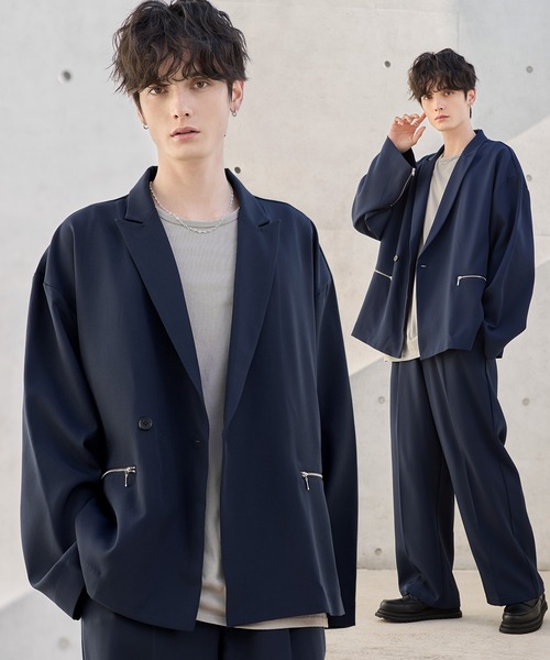 ETELIO（エテリオ）の「【セットアップ 2点セット】ビッグシルエットフロントジップデザインテーラードジャケット+センタープレススラックス（セットアップ・メンズ・チャコール/ネイビー/グレー/ブラック・S/M/L/XL）」の4枚目の写真