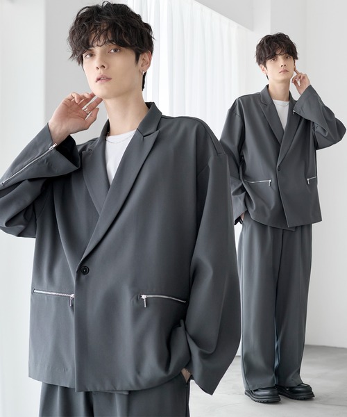 ETELIO（エテリオ）の「【セットアップ 2点セット】ビッグシルエットフロントジップデザインテーラードジャケット+センタープレススラックス（セットアップ・メンズ・チャコール/ネイビー/グレー/ブラック・S/M/L/XL）」の3枚目の写真