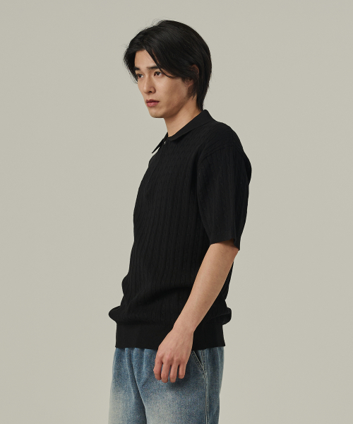 ANALOG MOOD(アナログムード)の「ケーブルハーフジップカラー半袖ニット(ブラック)(ニット/セーター・メンズ・その他・FREE)」の2枚目の写真