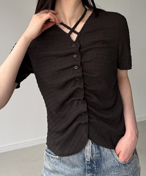 junoah(ジュノア)の「フロントシャーリング首元クロスリボン半袖カーディガン(カーディガン/ボレロ・レディース・ブラウン/アイボリー/ブラック・SMALL/LARGE/MEDIUM)」の14枚目の写真