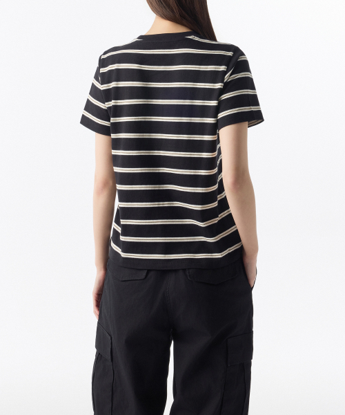 MUSINSA STANDARD WOMAN（ムシンサスタンダードウーマン）の「ウィメンズマルチストライプクルーネックTシャツ1[ブラック]（Tシャツ/カットソー・レディース・その他・SMALL/MEDIUM/X-SMALL/LARGE）」の2枚目の写真