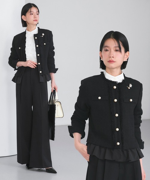 RUIRUE BOUTIQUE（ルイルエブティック）の「ノーカラー ツイード フリル ワイドパンツ スーツ ｜ セレモニースーツ・ママスーツ・パンツスーツ・セットアップ・オケージョンスーツ・フォーマルスーツ・ノーカラージャケット（スーツセット・レディース・ネイビー/アイボリー系1/ブラック・S/M/L/LL）」の2枚目の写真