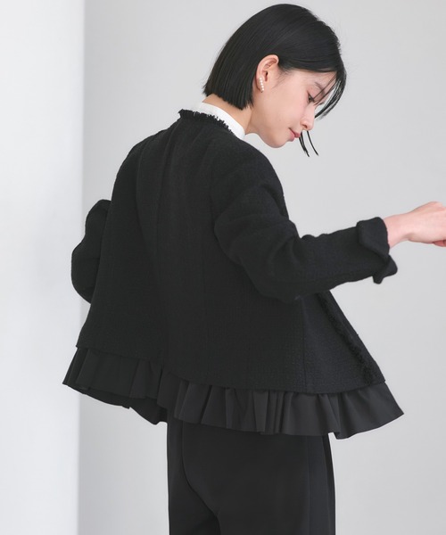 RUIRUE BOUTIQUE（ルイルエブティック）の「ノーカラー ツイード フリル ワイドパンツ スーツ ｜ セレモニースーツ・ママスーツ・パンツスーツ・セットアップ・オケージョンスーツ・フォーマルスーツ・ノーカラージャケット（スーツセット・レディース・ネイビー/アイボリー系1/ブラック・S/M/L/LL）」の6枚目の写真