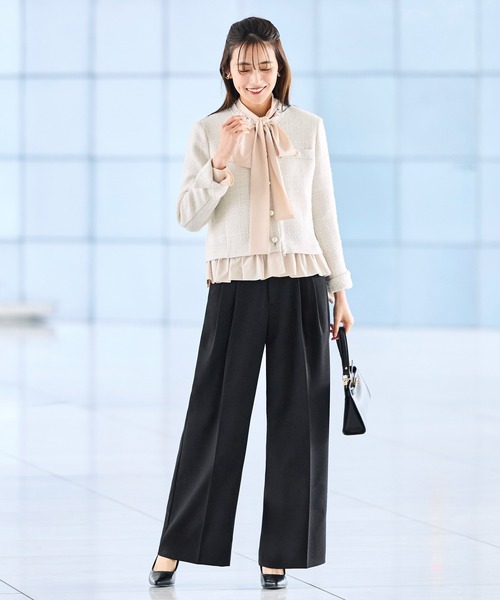RUIRUE BOUTIQUE（ルイルエブティック）の「ノーカラー ツイード フリル ワイドパンツ スーツ ｜ セレモニースーツ・ママスーツ・パンツスーツ・セットアップ・オケージョンスーツ・フォーマルスーツ・ノーカラージャケット（スーツセット・レディース・ネイビー/アイボリー系1/ブラック・S/M/L/LL）」の11枚目の写真