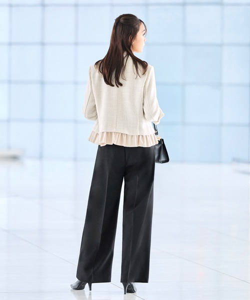 RUIRUE BOUTIQUE（ルイルエブティック）の「ノーカラー ツイード フリル ワイドパンツ スーツ ｜ セレモニースーツ・ママスーツ・パンツスーツ・セットアップ・オケージョンスーツ・フォーマルスーツ・ノーカラージャケット（スーツセット・レディース・ネイビー/アイボリー系1/ブラック・S/M/L/LL）」の12枚目の写真