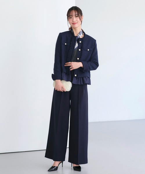 RUIRUE BOUTIQUE（ルイルエブティック）の「ノーカラー ツイード フリル ワイドパンツ スーツ ｜ セレモニースーツ・ママスーツ・パンツスーツ・セットアップ・オケージョンスーツ・フォーマルスーツ・ノーカラージャケット（スーツセット・レディース・ネイビー/アイボリー系1/ブラック・S/M/L/LL）」の13枚目の写真