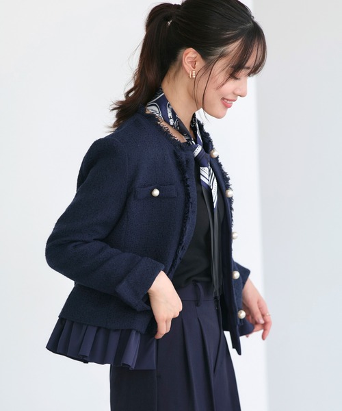 RUIRUE BOUTIQUE（ルイルエブティック）の「ノーカラー ツイード フリル ワイドパンツ スーツ ｜ セレモニースーツ・ママスーツ・パンツスーツ・セットアップ・オケージョンスーツ・フォーマルスーツ・ノーカラージャケット（スーツセット・レディース・ネイビー/アイボリー系1/ブラック・S/M/L/LL）」の15枚目の写真