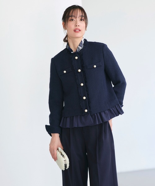 RUIRUE BOUTIQUE（ルイルエブティック）の「ノーカラー ツイード フリル ワイドパンツ スーツ ｜ セレモニースーツ・ママスーツ・パンツスーツ・セットアップ・オケージョンスーツ・フォーマルスーツ・ノーカラージャケット（スーツセット・レディース・ネイビー/アイボリー系1/ブラック・S/M/L/LL）」の16枚目の写真