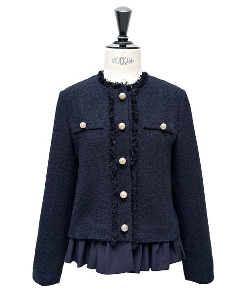 RUIRUE BOUTIQUE（ルイルエブティック）の「ノーカラー ツイード フリル ワイドパンツ スーツ ｜ セレモニースーツ・ママスーツ・パンツスーツ・セットアップ・オケージョンスーツ・フォーマルスーツ・ノーカラージャケット（スーツセット・レディース・ネイビー/アイボリー系1/ブラック・S/M/L/LL）」の18枚目の写真