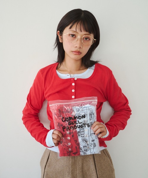common gull products.（コモンガルプロダクツ）の「ひとえふたえパックヘンリーロンTEE、芽心（Tシャツ/カットソー・レディース・ネイビー/ブラウン系/パープル系/レッド系・SMALL/MEDIUM/LARGE）」の4枚目の写真