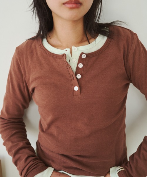 common gull products.（コモンガルプロダクツ）の「ひとえふたえパックヘンリーロンTEE、芽心（Tシャツ/カットソー・レディース・ネイビー/ブラウン系/パープル系/レッド系・SMALL/MEDIUM/LARGE）」の7枚目の写真
