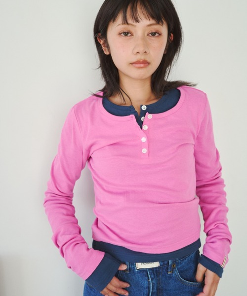 common gull products パックヘンリーロンTEE パープル　M ひとえふたえパックヘンリーロンTEE、芽心（Tシャツ/カットソー